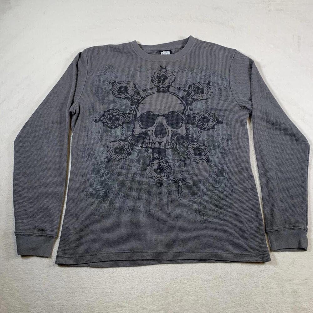 MMA Elite Thermal Shirt‎ Mens Large Gray Gothic Edgy Grunge Winged Skull Tattoo